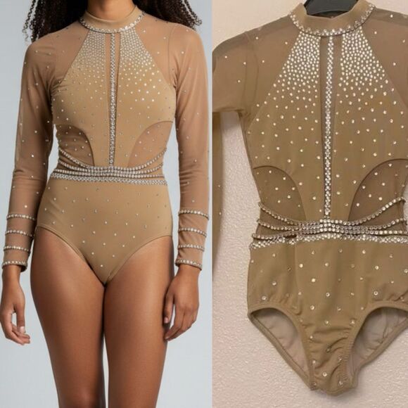 LA dance solo custom tan nude beige long leotard costume mesh rhinestones LC - Picture 1 of 16